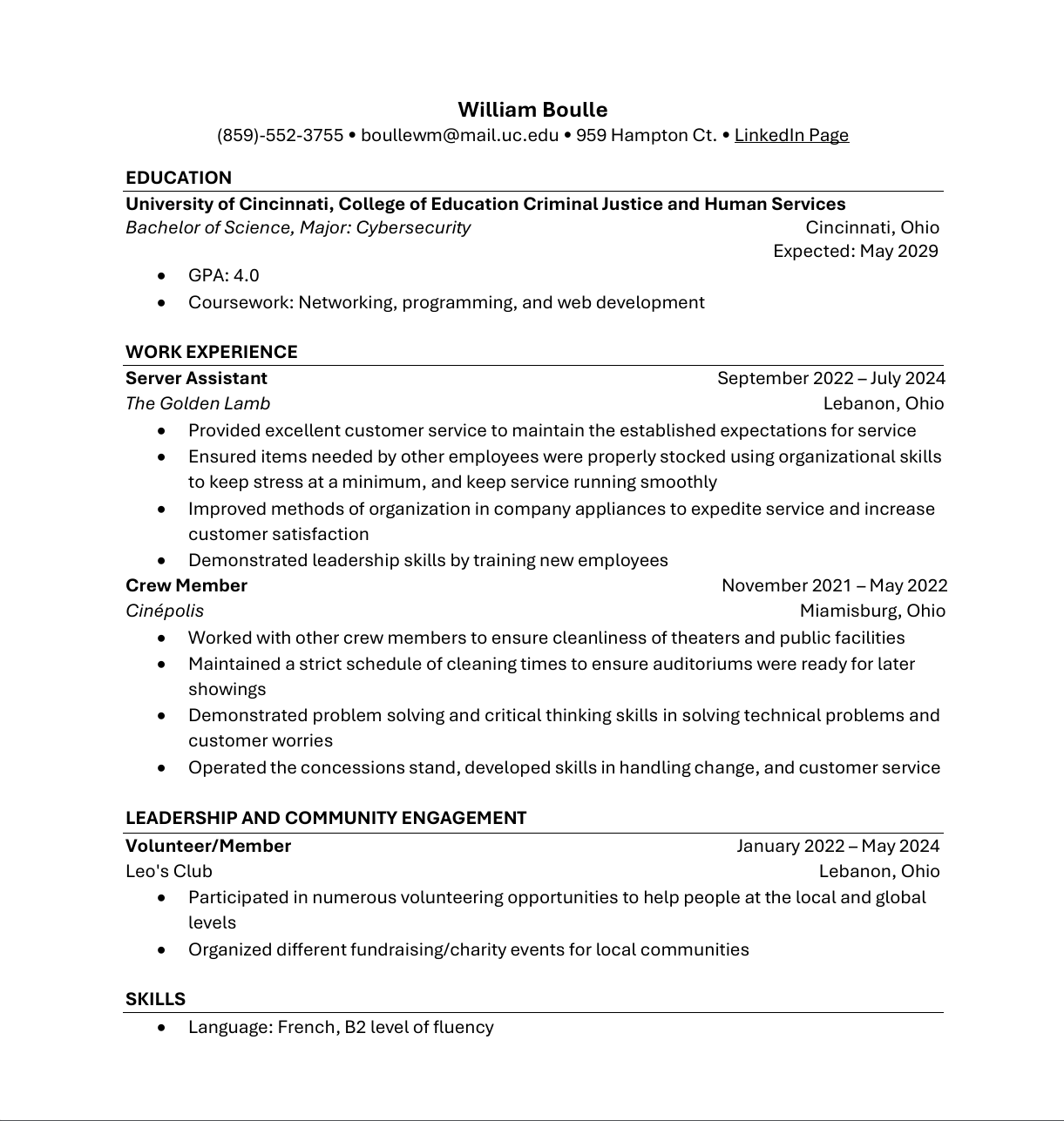 A pdf of William Boulle's Resume