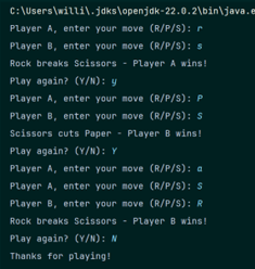 An image of a game of rock paper scissors being carried out by java programming