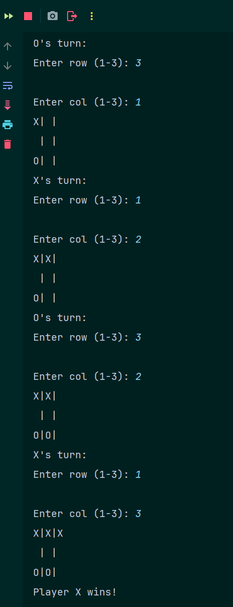 An image of a game of TicTacToe being carried out using java programming